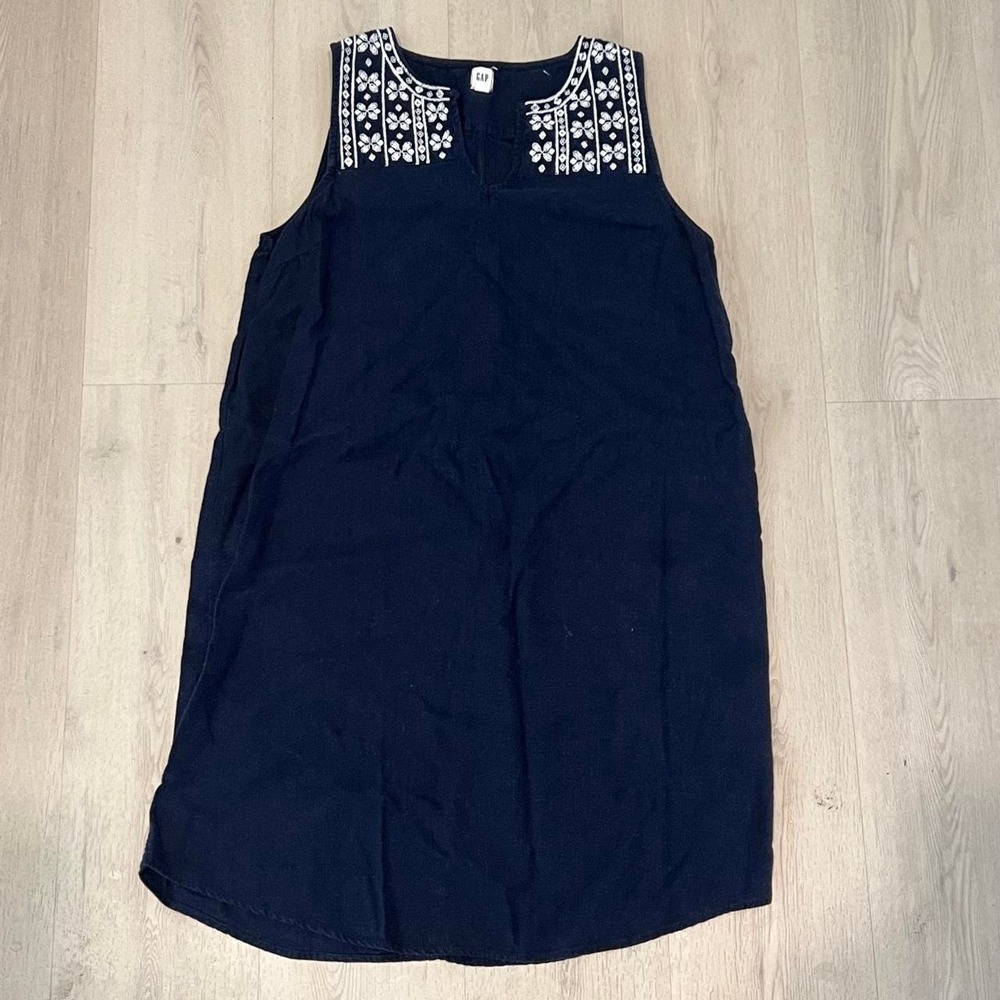 Gap navy blue linen mini dress with white floral embroidery neckline, size S